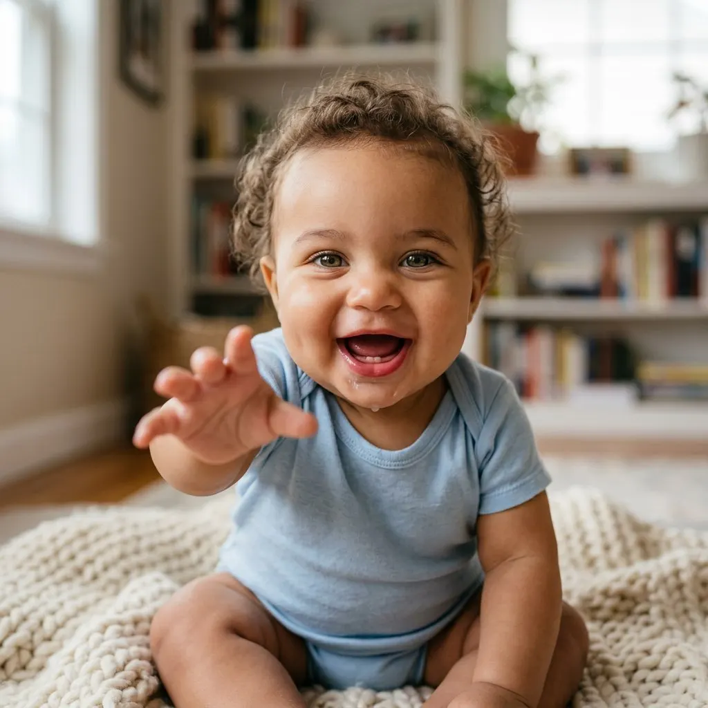 A smiling baby of about nine months in a cotton romper, reaching toward the camera from a knitted blanket